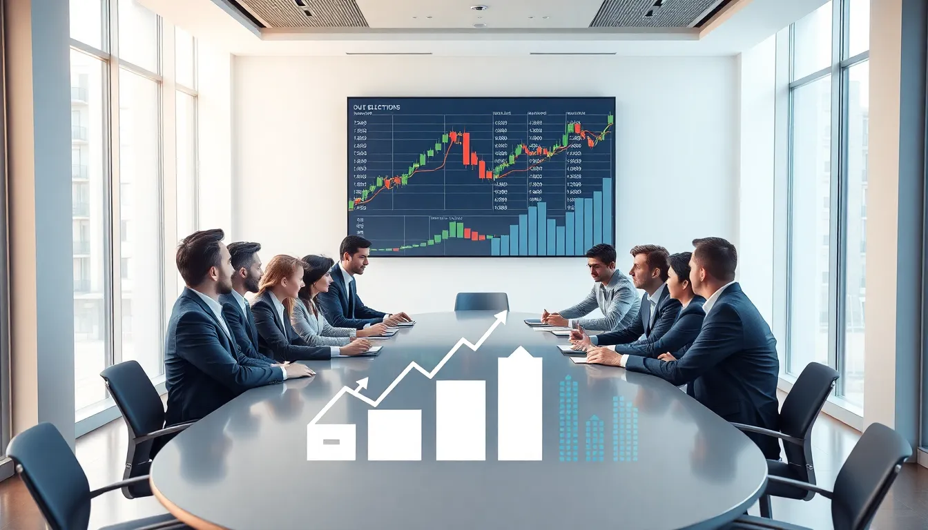 diverse financial analysts discussing election impacts on the stock market.