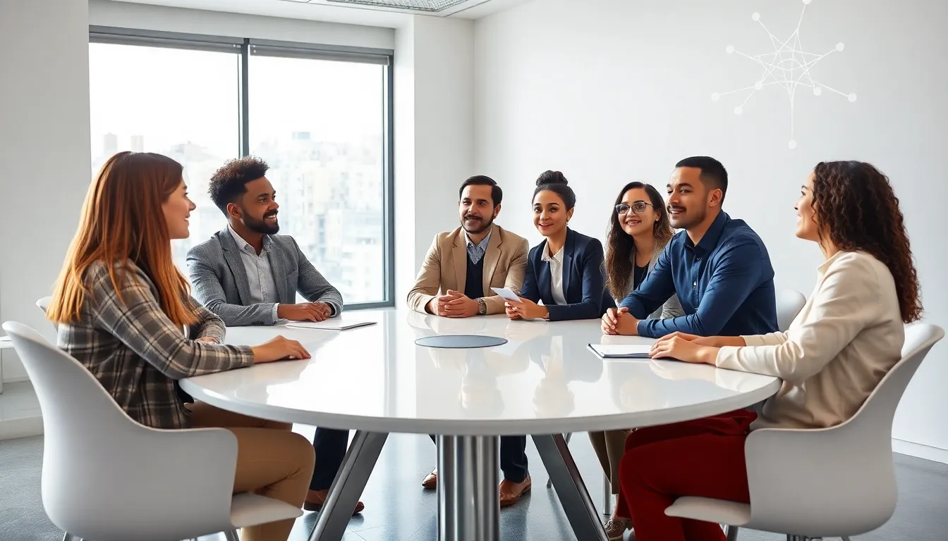 diverse team collaborating in an open office setting.