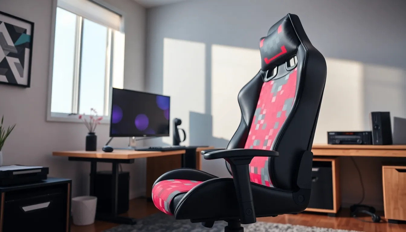 ergonomic Minecraft-themed gaming chair in a modern office.
