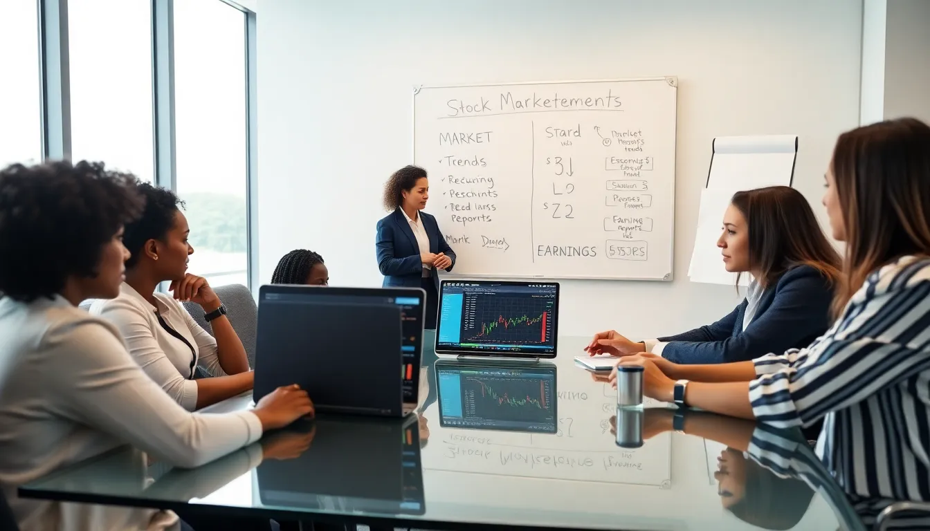 professionals discussing stock market basics in a modern office.