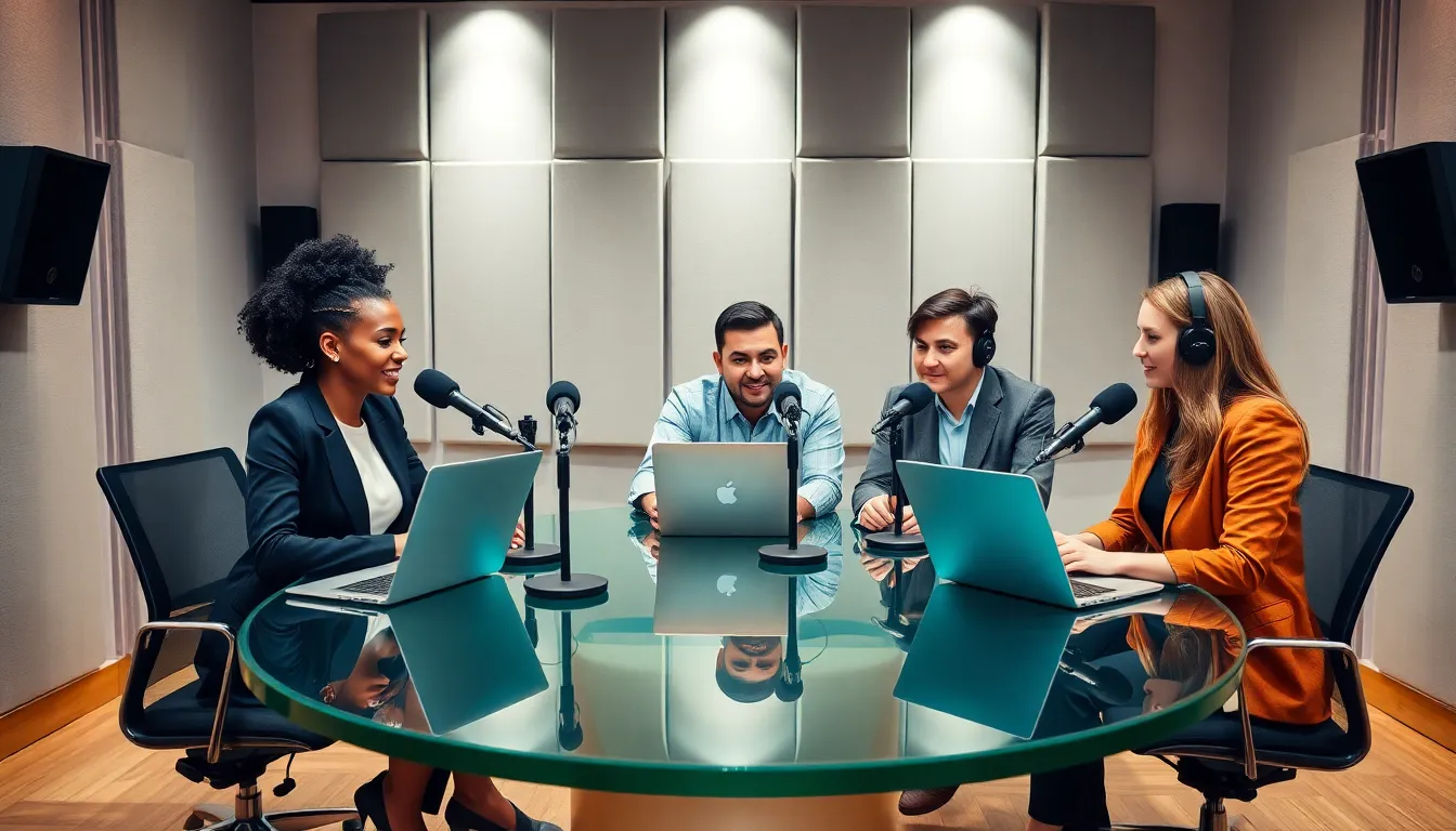 diverse professionals discussing finance in a modern podcast studio.