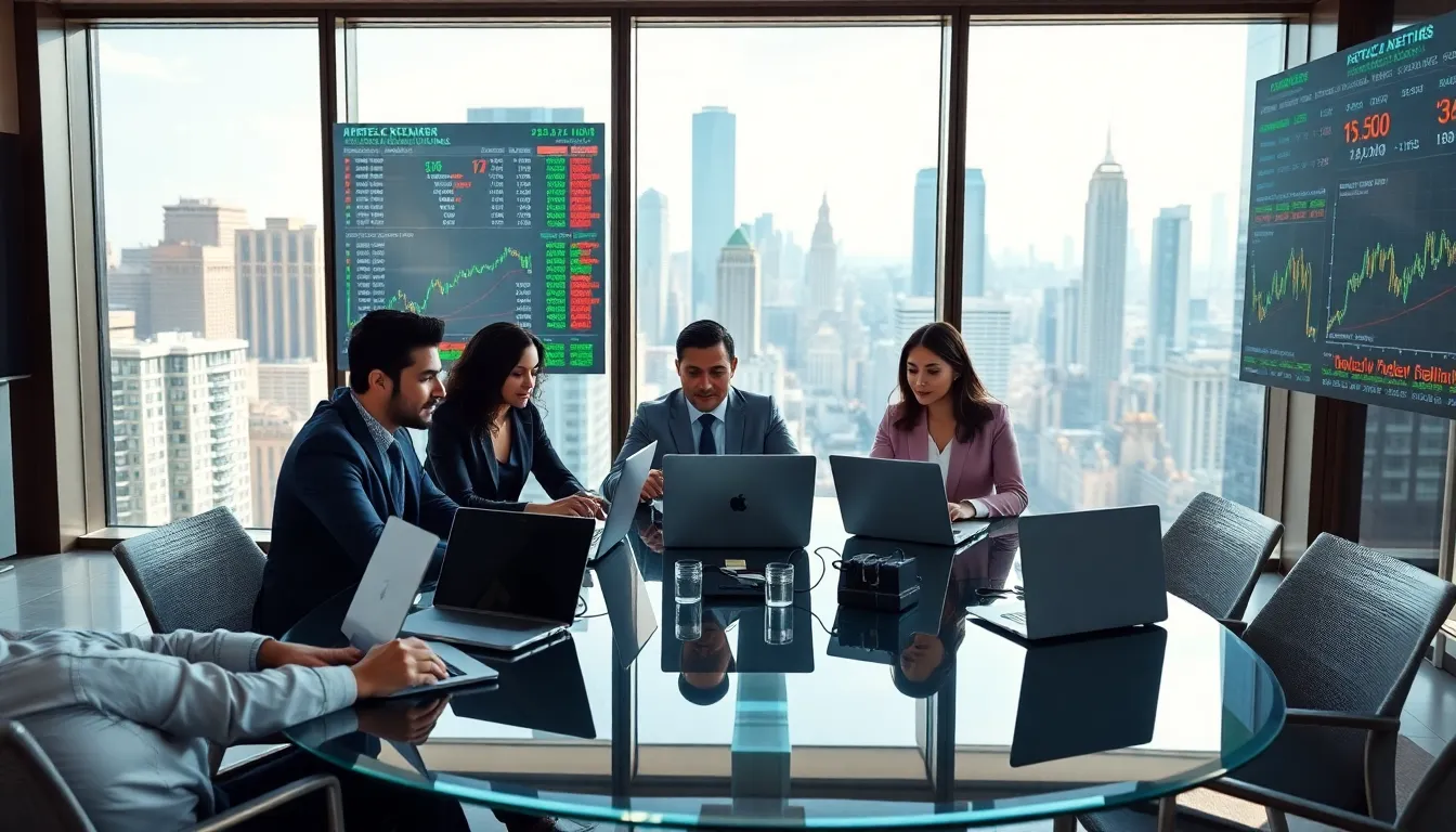 diverse team analyzing stock market data in a modern office.