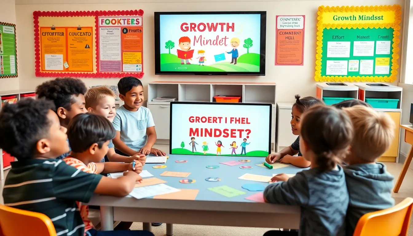 children watching a growth mindset video in a colorful classroom.