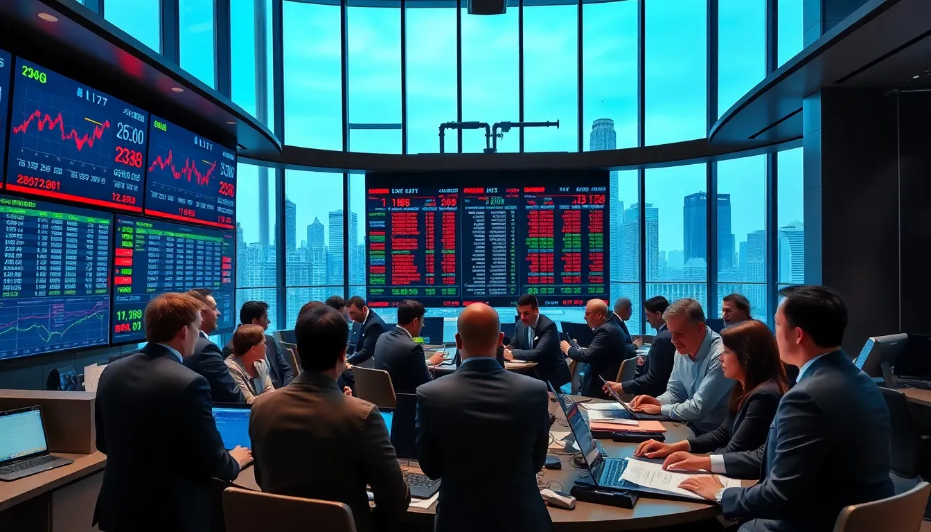 diverse financial analysts in a modern stock trading environment.