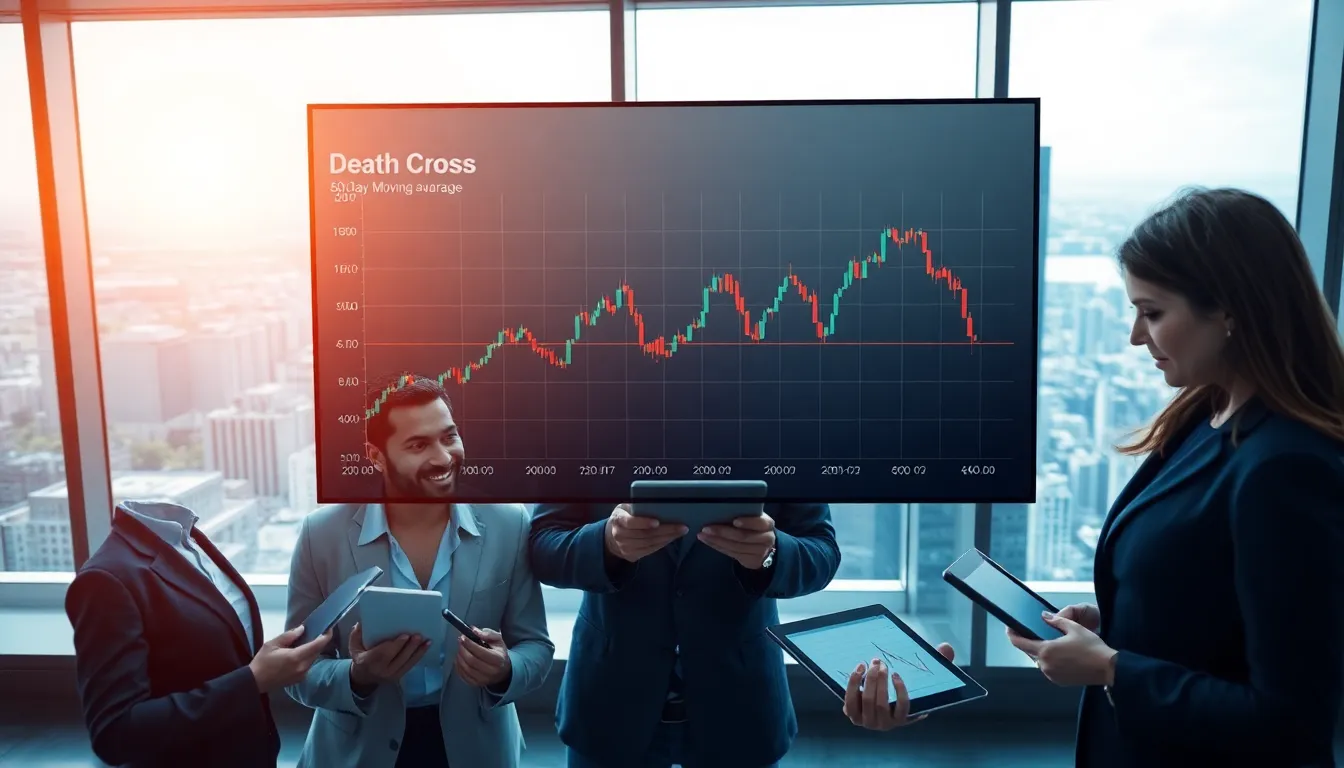 financial professionals analyzing a death cross chart in a modern office.