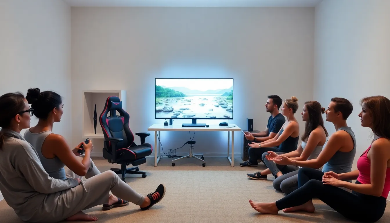 diverse group practicing mindfulness in a modern gaming setup.