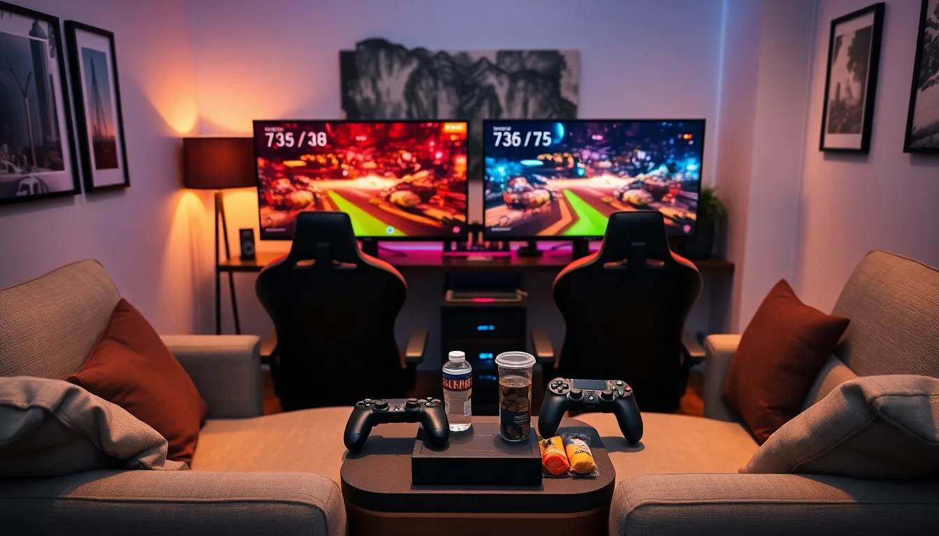 cozy gaming setup for couple with snacks and dual monitors.